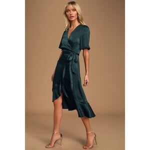 Lulu’s NEW Wrapped Up In Love Dark Green Satin Faux-Wrap Midi Dress Party Medium